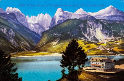 Hotel Molveno com o Grupo Brenta e o Val delle Seghe, postal, Trentino-Alto Adige, Itália, século XX de Italian School