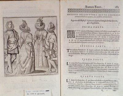 Como dançar a página dupla de Alemanna do Gratie dAmore (As graças do amor) pelo dançarino italiano Cesare Negri chamado The Trombone (1536-1604), tratado sobre dança de Italian School