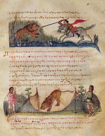 Caça com lanças e armadilhas, ilustração do Cynegetica por Oppian (tempera em velino) de Italian School