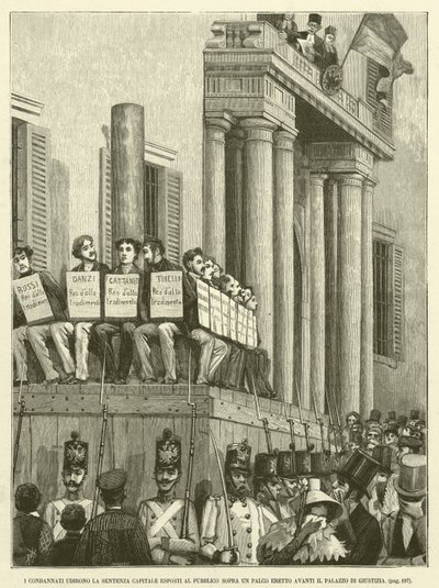 Os condenados ouvem a Sentença Capital Exposta ao Público em Palco Erguido em Frente ao Palácio da Justiça (gravura) de Italian School