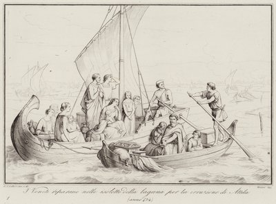 Os Veneti refugiam-se nos ilhéus da lagoa para a invasão de Attila, 452 (gravura) de Italian School