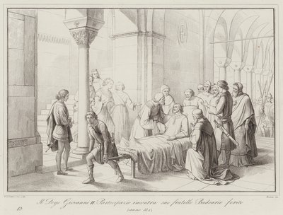 Doge Giovanni II Partecipazio encontra seu irmão ferido Badoario, 884 (gravura) de Italian School