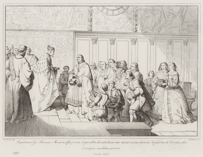 O Patriarca Gio Francesco Morosini, oferece-se, antes de mais nada, para contribuir com 5000 ducados por ano (gravura) de Italian School