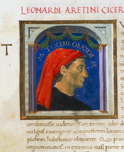 Página iluminada com perfil de Cícero, Volume I, esquerda 1, f 303 r, Vitae virorum illustrium, de Plutarch (ca 46-127), manuscrito, Itália de Italian School