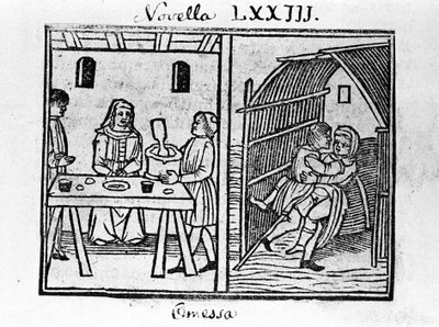 Ilustração para a notícia 73 (Nova 3 do oitavo dia) do "Decameron" de Giovanni Boccaccio dit Jean Boccaccio (1313-1375), escritor italiano. Gravura em "Decamerone ouer Cento nouelle" Veneza, Bartolomeo de 