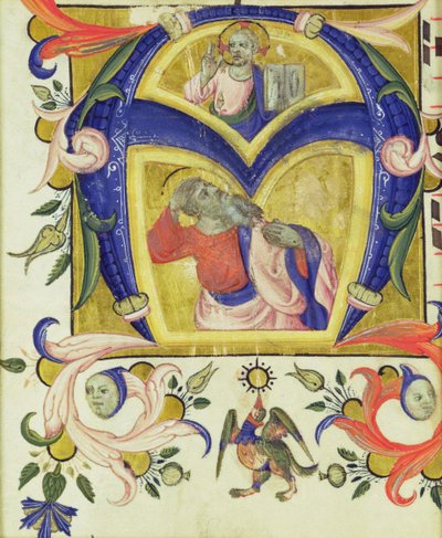 Inicial A, representando Jesus Cristo e um santo, início do século XIV de Italian School