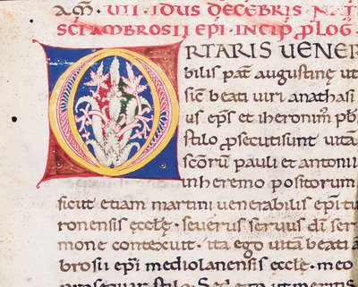 &39;O&39; inicial no verso de um corte com Paulinus de Milão, Vita Sancti Ambrosii, provavelmente da Toscana, c.1150-75 (tinta sobre pergaminho) de Italian School