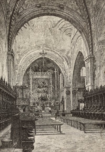 Interior da igreja de Chiaravalle, Itália, gravura de desenho de Quinto Michetti, de L