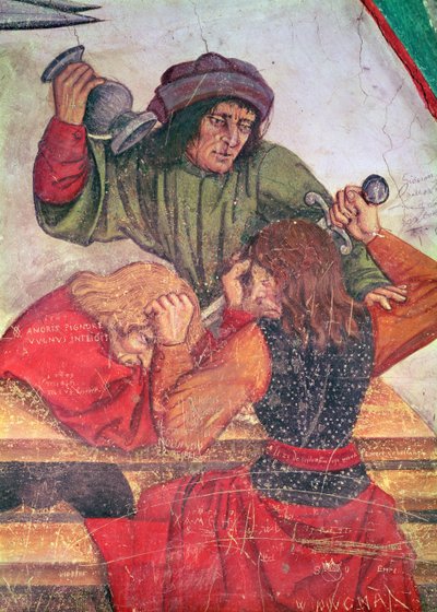 Interior de uma pousada, detalhe de bebedores lutando (fresco) de Italian School