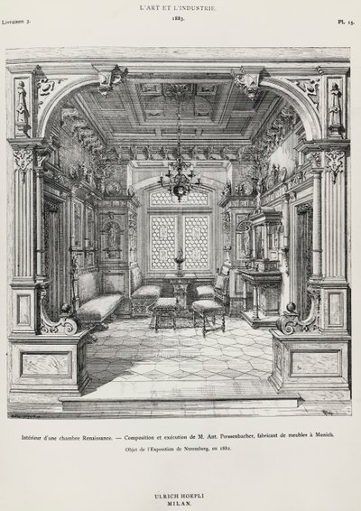 Interior do quarto estilo neo-renascentista de Possenbacher, Mónaco, ilustração de L