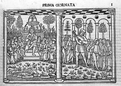 Introdução: a representação do autor de Decameron rodeia dez jovens. Ilustração do primeiro dia do Decameron (1349-1351) de Giovanni Boccaccio ou Jean Boccace (1313-1375), Gravação em "Decamerone ouer Cento nouelle" Veneza, Bartol de Italian School