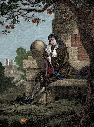 Isaac Newton observando uma maçã cair no chão enquanto estava sentado embaixo de uma árvore de Italian School
