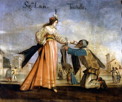 Máscaras italianas. Pintura da Escola de Bolonha do século XVII: Madame Lúcia e Trastullo. Museo Scala Milão de Italian School