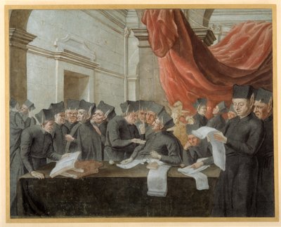 Jesuítas em conclave, discutindo sobre contas (caneta e tinta com aquarela sobre papel) de Italian School