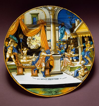 José e a esposa de Putiphar José fugindo da esposa de Putiphar (Potiphar) procurando seduzi-lo. Placa de cerâmica produzida em Urbino, Itália. 1537 ao redor de Florença, Museo Nazionale del Bargello de Italian School