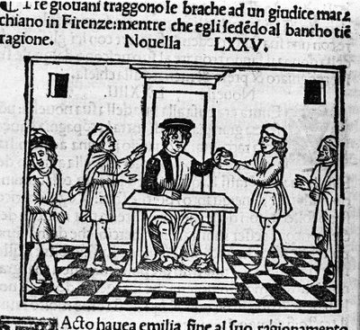 Cena de julgamento em Florença. Ilustração para a notícia 75 (Nova 5 do oitavo dia) do "Decameron" de Giovanni Boccaccio dit Jean Boccaccio (1313-1375), escritor italiano. Gravura em "Decamerone ouer Cento nouelle" Veneza, Bartolomeo de 