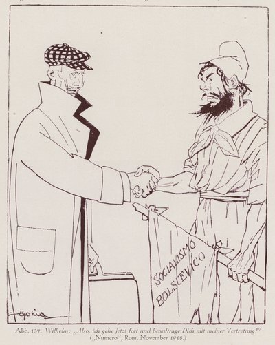 O Kaiser Wilhelm II entrega o poder ao socialismo bolchevique (litografia) de Italian School