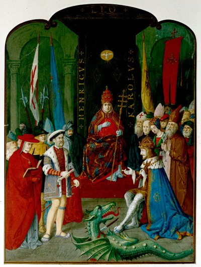 Rei Henrique VIII em disputa com o Imperador Carlos V perante o Papa Leão X. Henrique detém um rolo, que pode ser o touro de 1521 concedendo-lhe o título de "Defensor da Fé" (tinta e aguarela sobre papel) de Italian School