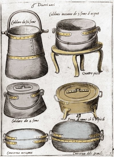Utensílios de cozinha: Placa representando diferentes tipos de vasos, panelas, caldeirões. Gravura de "Ópera", livro sobre gastronomia dividido em 6 partes, de Bartolomeo Scappi, cozinheiro pessoal do Papa Pio V. Veneza. de Italian School
