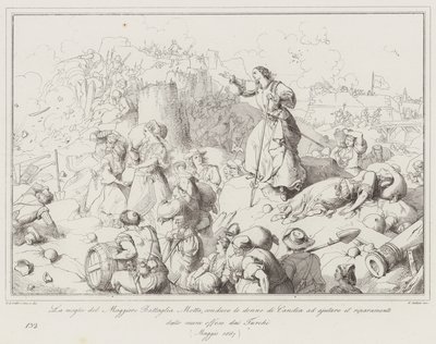 A esposa do Major Battaglia Motta, leva as mulheres de Candia a ajudar a reparar a (gravura) de Italian School