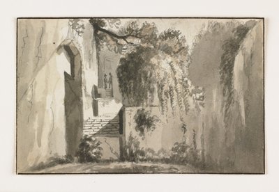 Paisagem com ruínas, início do século 19 (caneta e tinta marrom sobre giz) de Italian School