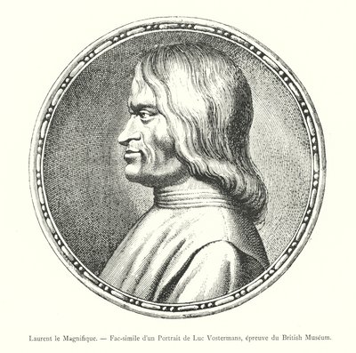 Lorenzo, o Magnífico, Fac-símile de um Retrato de Luc Vostermans, impressão do Museu Britânico (gravura) de Italian School