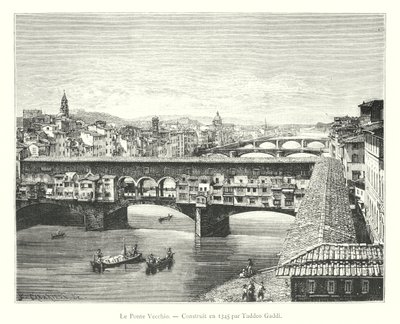 A Ponte Vecchio, construída em 1345 por Taddeo Gaddi (gravura) de Italian School