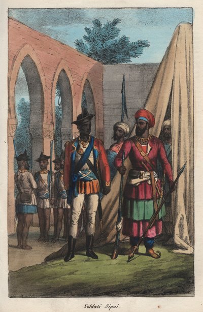 Les sepoys (cipaye, cipahi, cepoy, sipahi), exército composto por indianos ao serviço da Companhia das Índias Orientais - indiana sepoy (soldado) - gravura de "Usi e Costumi di Tutti i Popoli dell