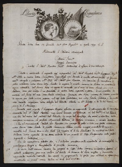 Carta em italiano, com uma representação da cabeça de Brutus o mais novo, uma mão ardente representando Gaius Mucius Scaevola, e o lema da Revolução Francesa de Italian School