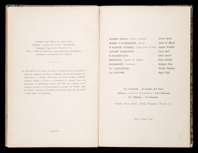 Libretto de Tosca por Giacomo Puccini, Edição Ricordi, Itália de Italian School