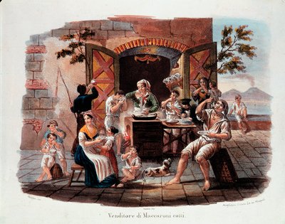 O pequeno metier napolitano: um vendedor de maccheroni cozido. Ao longe a vesuve na baía de Nápoles. Litografia do século XIX. Museo Nazionale delle Paste Alimentari, Fondazione Agnesi, Roma. de Italian School