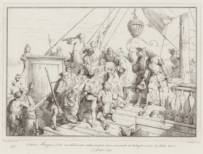 Lodovico Flangini, mortalmente ferido no seu próprio navio, comanda a batalha contra a frota turca. de Italian School