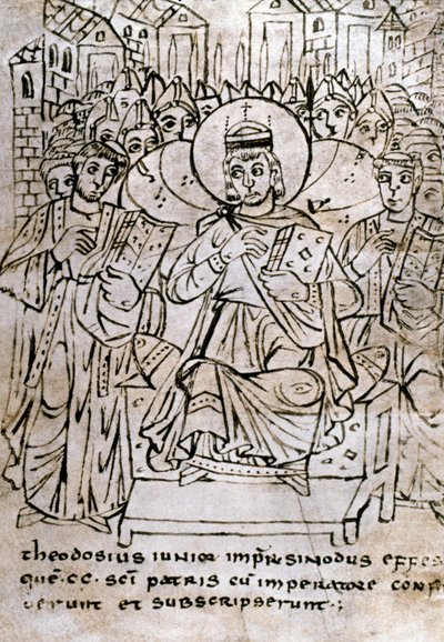 Arte Lombard: "Imperador Teodósio II (401-450), neto de Teodósio I, no Concílio de Éfeso em 22/06/431, condenando o nestorianismo (do Patriarca Nestório ou Nestorios)" Desenho com caneta em pergaminho, extraído de um tratado de direitos canônicos. 9t de Italian School