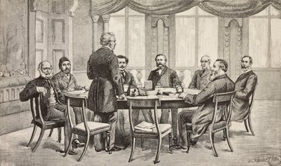 Conferência de Londres sobre o Egipto, Reino Unido: Conde Munster, Musurus Pasha, Granville (em pé), Conde Nigra, Waddington, De Staal, Childers, Conde Karolyi, gravura de desenho de Edoardo Ximenes, de L