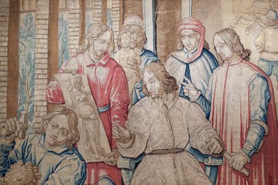 Lorenzo, o Magnífico, entre os escultores e os pintores do Jardim Medici de San Marco. Tapeçaria 1516. Génova. Itália. de Italian School