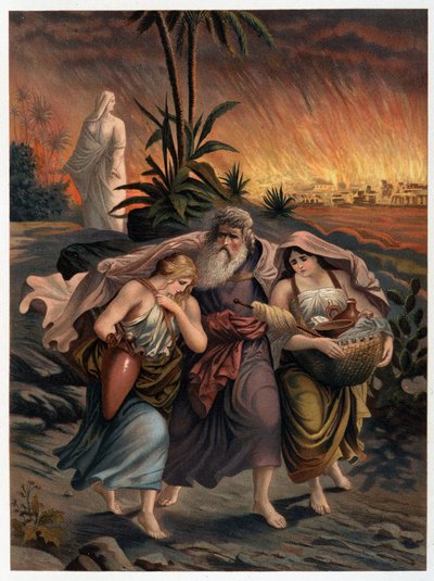 Loth escapa à destruição de Sodoma com suas duas filhas e sua esposa é transformada em uma estátua de sal - em "Aurea Bibbia classica: storia della rivelazione divina nell