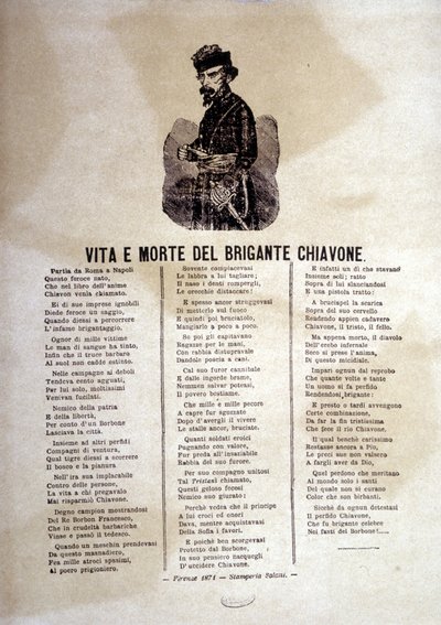 Letra de uma canção popular sobre os ladrões de Chiavone de Italian School