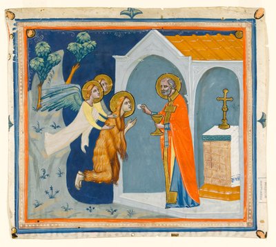 MS McClean fólio 201.4 r Santa Maria Madalena, no deserto ao redor de Aix, sendo levada por anjos a São Maximino, que administra sua última comunhão, c.1330 de Italian School