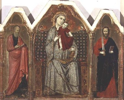 Madonna e Child Enthroned, com as SS. João Evangelista e Paulo, Escola Riminese (painel do tríptico) de Italian School