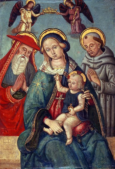 Madonna e Child sendo coroada por dois Anjos, com São Jerônimo e São Francisco, c.1500 (têmpera sobre madeira de choupo) de Italian School