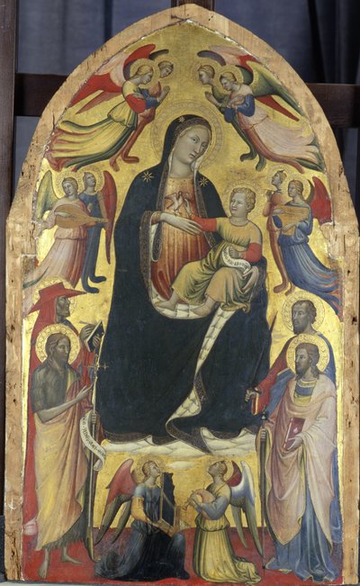Madonna e Criança num trono de nuvens com santos e anjos, c.1415-20 (tempera em madeira de choupo) de Italian School