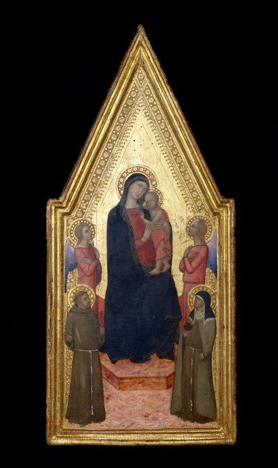 Madonna e Criança com São Francisco, Santa Clara e Dois Anjos, 1340-50 (têmpera e folha de ouro no painel) de Italian School
