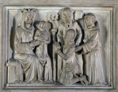 Madonna e Child, com um guerreiro e santos, alívio criado ??por Os Mestres de Campione. Itália de Italian School