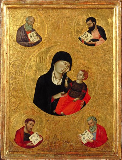 Madonna e Criança com os Quatro Evangelistas (tempera e folha de ouro no painel) de Italian School