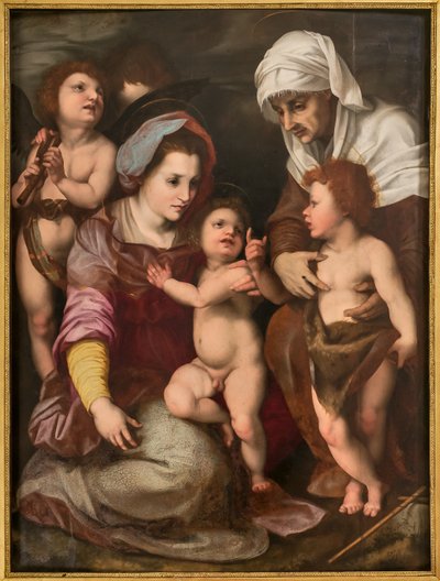Madonna com o Menino Jesus, Santa Isabel, Menino São João e dois anjos, cópia de Andrea Del Sarto (óleo sobre painel) de Italian School