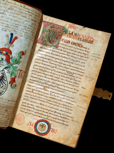 Manuscrito "De Bello Gallico, Comments on the War of the Gauls" de Jules Cesar (Giulio Cesare ou Caius Júlio César) (100-44 AC) (ms. 541) Blazon do humanista Niccolo Tranchedini, proprietário do manuscrito. Século XIV Biblioteca Riccardiana Nápoles de Italian School