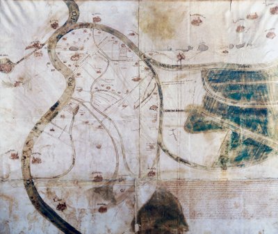 Mapa do território do mosteiro de San Benedetto Po na confluência de Secchia e Mincio no Pó, em zonas rectas em recuperação e canais de drenagem, Itália de Italian School
