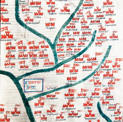 Mapa mostrando os municípios pertencentes à cidade de Asti no século XIII Miniatura tirada do "Codex Astensis" (ou Malabayla), crônicas sobre a cidade de Asti entre 1065 e 1353. Século XIV. Conserva no prefeito de Asti de Italian School