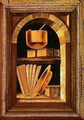 Painel de marchetaria de uma natureza morta com livros (madeira) de Italian School