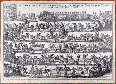 Mascarada: procissão e dança de máscaras de pessoas por ocasião do carnaval. Milão 20/02/1764 Gravura do século XVIII de Italian School